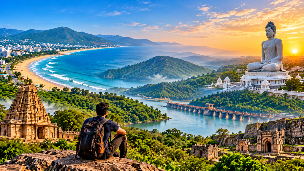 Best tourist places in Andhra Pradesh featuring scenic beaches, green hills, ancient temples, historical ruins, and a beautiful Buddha statue.
