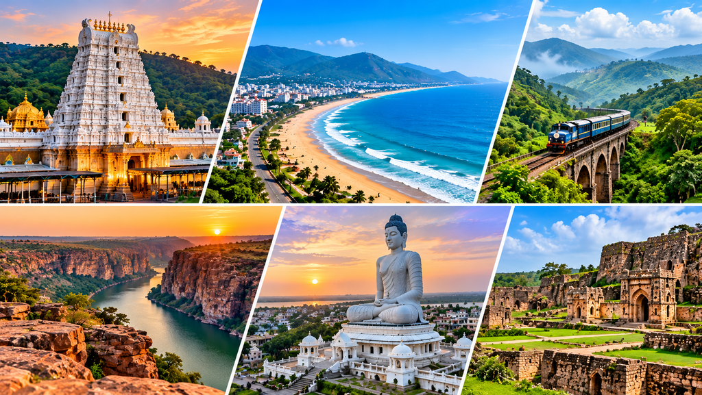 Best tourist places in Andhra Pradesh featuring famous temples, scenic beaches, green hill stations, Gandikota gorge, and historical forts.
