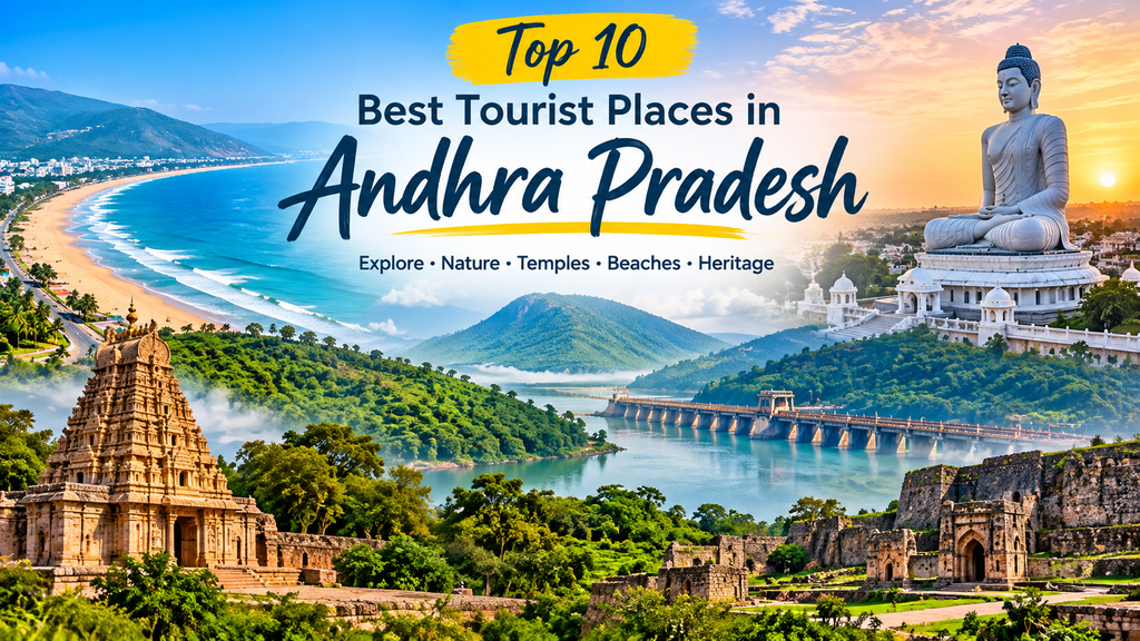 Best tourist places in Andhra Pradesh featuring scenic beaches, green hills, famous temples, and historical attractions.